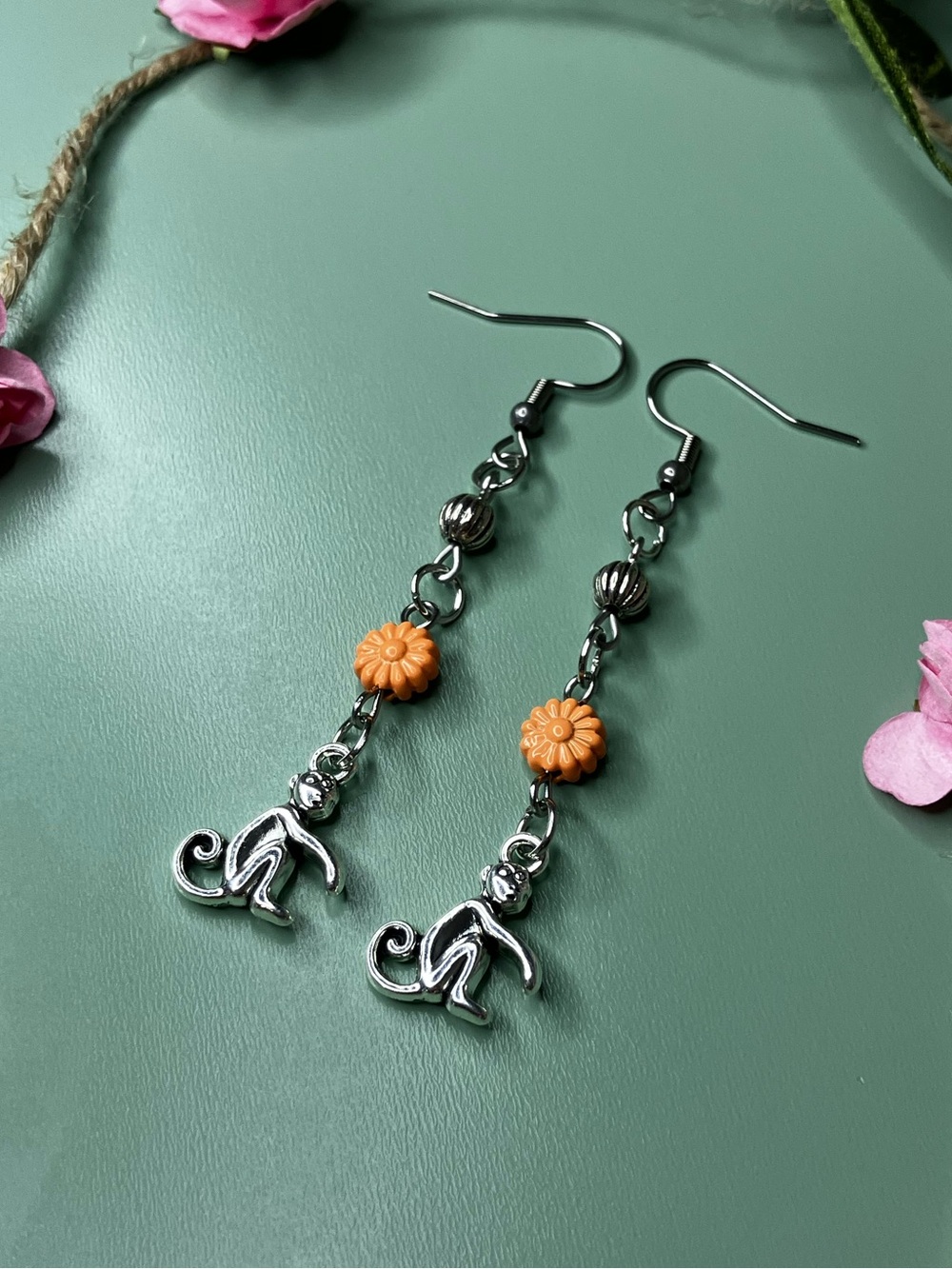 Handmade Silver Tone Monkey Dangle Earrings with Orange Flower Beads